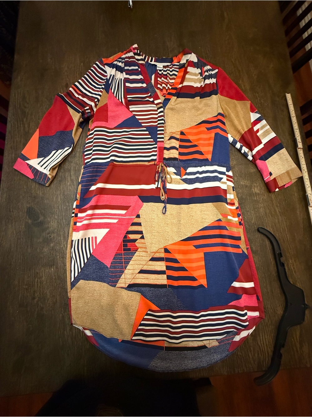 Colorblock Geometric Wrap Tunic Dress - Pink, Navy, Orange, Tan